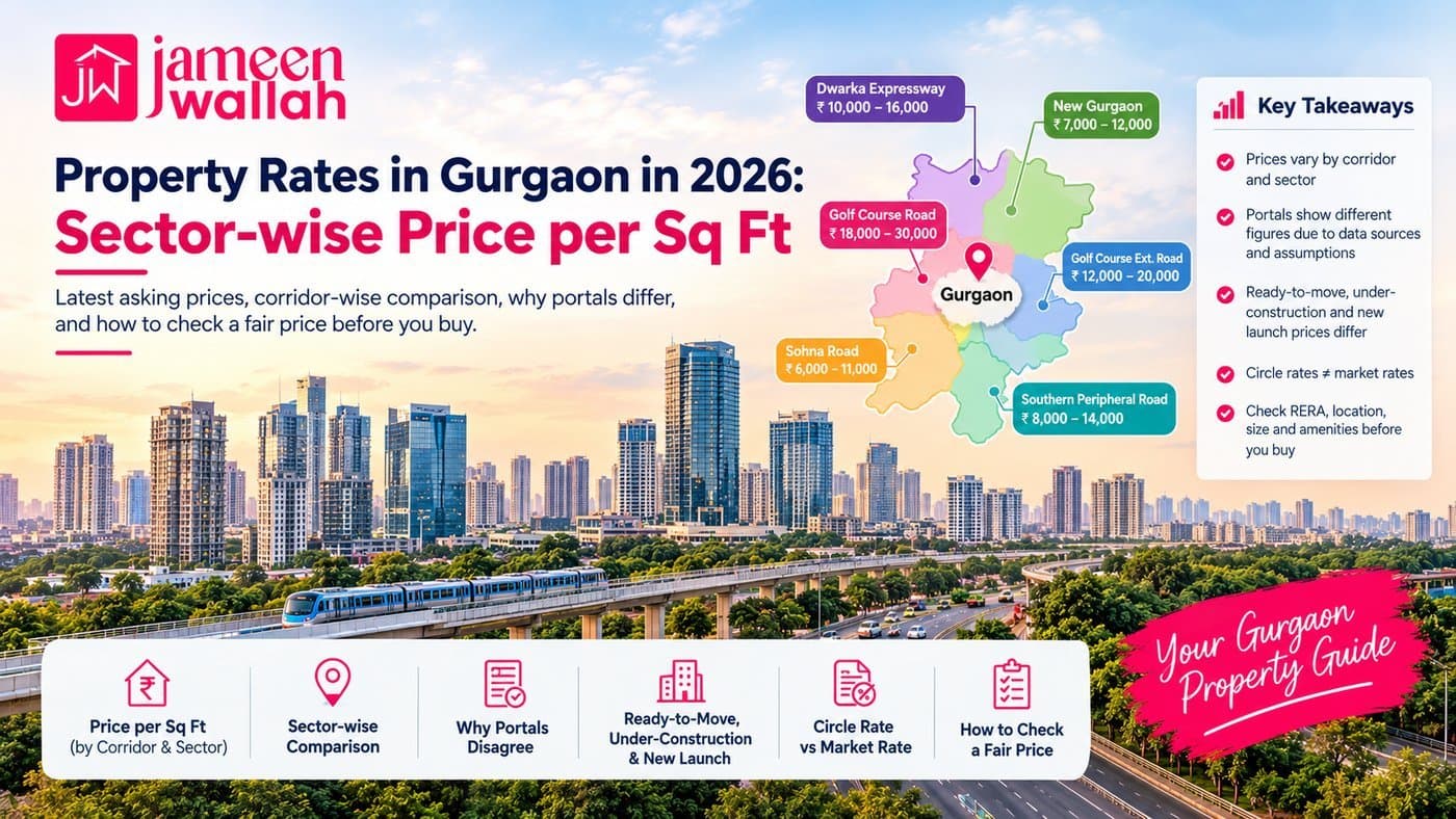 Chart of Gurgaon property prices per sq ft by corridor, from Golf Course Road to Sohna and Manesar, September 2026